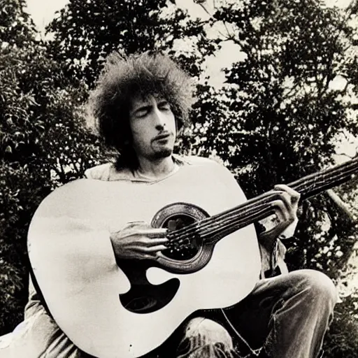 Prompt: bob dylan playing his guitar whilst sitting on a statue of king alfred, photograph