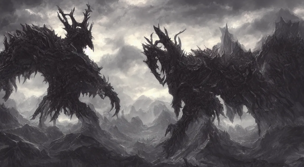 Prompt: giant archdemon looming over a cold valley, dramatic, detailed, 4K digital painting