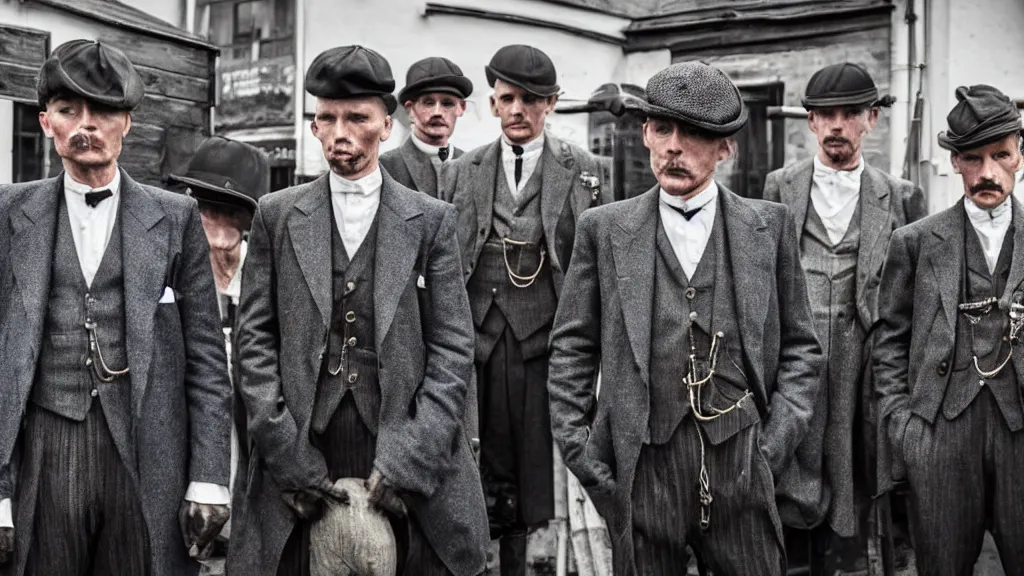 Image similar to a group shrimp mans dressed like the peaky blinders