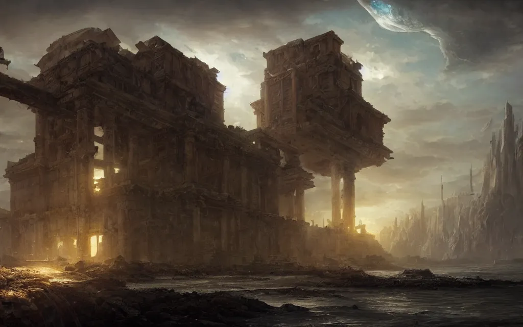 Image similar to longshot photograph of advanced civilization city ruins floating in a disc in the sky by hubert robert, lee madwick and bastien lecouffe - deharme, 8 k artstation, cinematic dramatic lighting