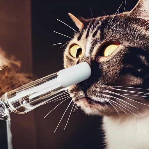 Prompt: a cat exhaling a large hit from her bong, award winning photography