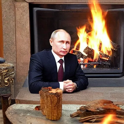 Image similar to vladimir putin in a waistcoat staring at a log fire photograph symmetric