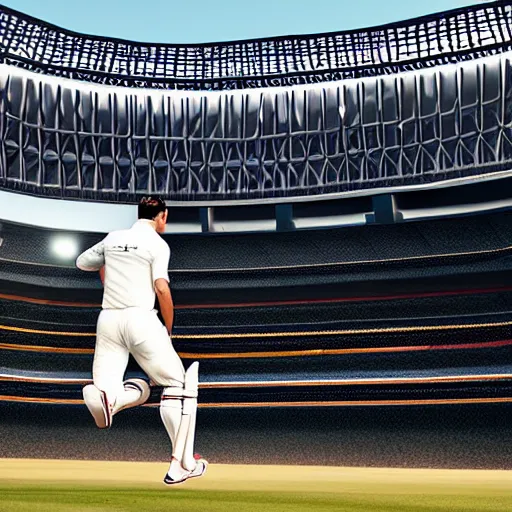 Image similar to ronaldo, playing cricket, large stadium, early morning, high - res, cyberpunk aesthetic