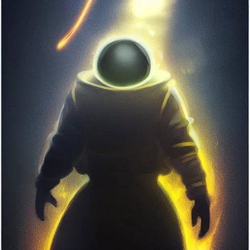 Image similar to award - winning. trending on artstation. 4 k. expressive. a faceless man wearing layered yellow robes while a black hole in space floats behind them. dark background. in the style of victor antonov