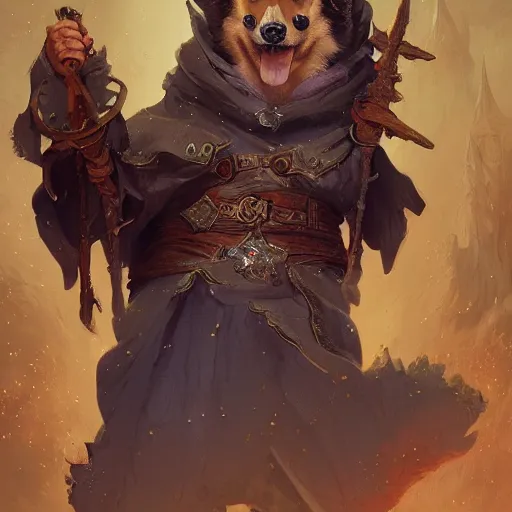 Prompt: a corgi mage, d & d character art, extremely detailed digital illustration, magical, mystical, intricate, muted colors, greg rutkowski, trending on artstation