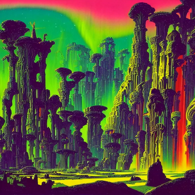 Image similar to psychedelic eternal aurora radiating over desolate ancient ruins, bright neon colors, highly detailed, cinematic, eyvind earle, tim white, philippe druillet, roger dean, lisa frank, aubrey beardsley