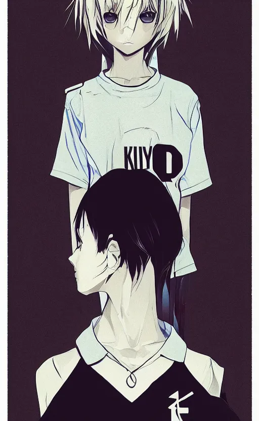 Image similar to shirt art, logo graphic design, manga style, short neck, realistic lighting, futuristic solid colors, made by ilya kuvshinov, sold on sukebannyc, from arknights, front portrait of a girl, jpop clothing, sneaker shoes, simple icons in background