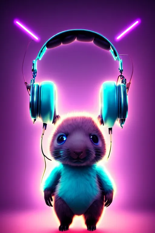 Prompt: high quality 3 d render neo - cyberpunk very cute half fluffy! wombat!! half cyborg with futuristic headphones, pastel mechanical! paw, cyberpunk monocle!, highly detailed, unreal engine cinematic smooth, in the style of detective pikachu, hannah yata charlie immer, neon purple light, low angle, uhd 8 k, sharp focus