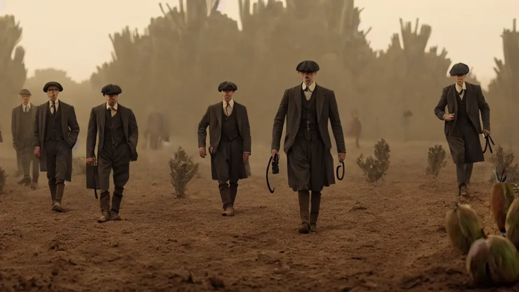 Image similar to the peaky blinders with prickly pears heads, film still from the movie directed by denis villeneuve with art direction by zdzis