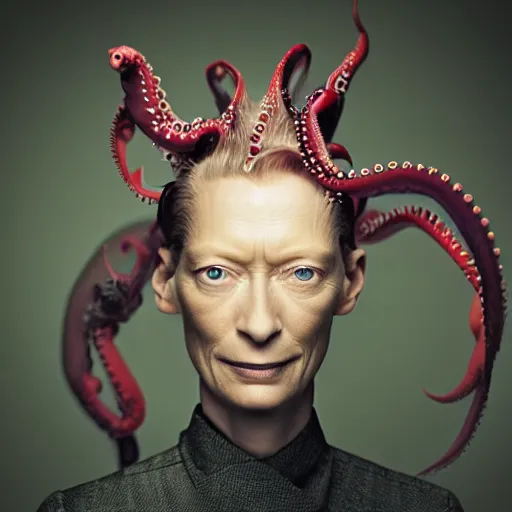 Image similar to closeup studio photograph of tilda swinton mixed with an octopus, dramatic lighting, edited in photoshop