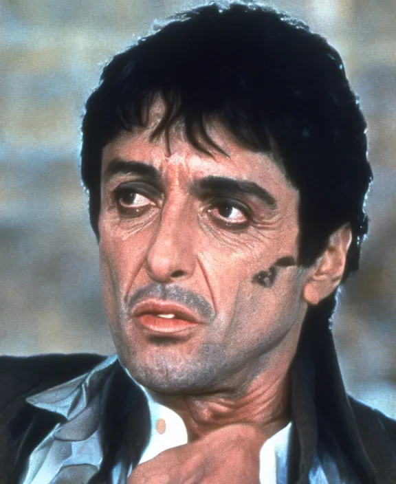 Image similar to tony montana from movie scarface 1 9 8 3. staying with m 1 6 riffle. al pacino, extreme long shot, perfect symmetric face, coherent eyes, fine details, 4 k, ron cobb. cinestill