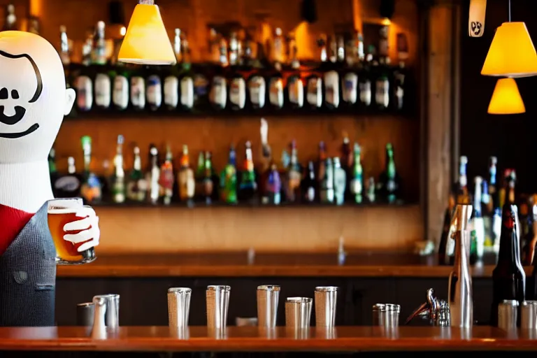 Image similar to a anthropomorphic pint of beer, who is a customer, waits to be served by a bartender