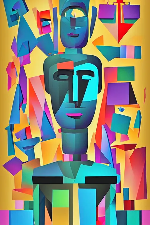 Image similar to cubist moai statue cutout digital illustration cartoon colorful beeple