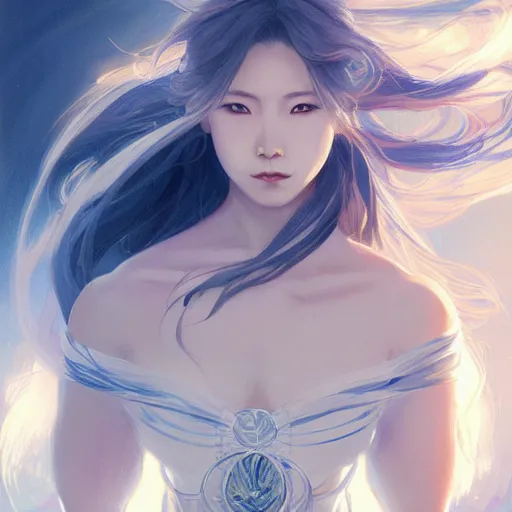 Image similar to japanese lightning goddess, d & d, blue and white color palette, highly detailed, digital painting, artstation, concept art, sharp focus, illustration, cinematic lighting, art by artgerm and greg rutkowski and alphonse mucha