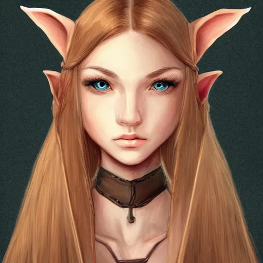 Image similar to portrait, 30 years old women :: fantasy elf, small ears :: amber eyes, long straight darkblond hair :: attractive, symmetric face :: brown medieval cloting, natural materials :: high detail, digital art, RPG, concept art, illustration