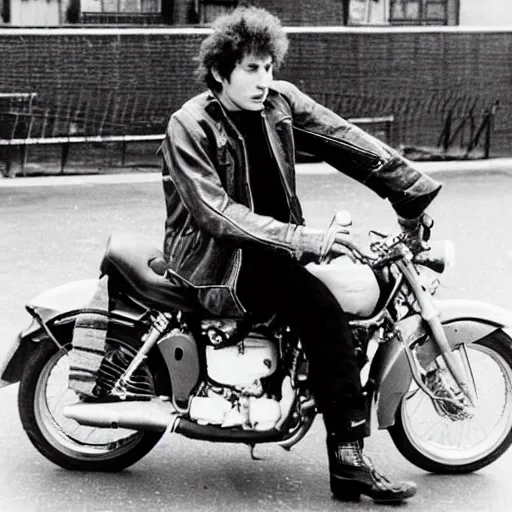 Image similar to bob dylan riding a motorcycle and playing his guitar in the fulham football club stadium, photograph