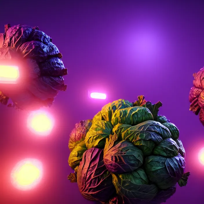 Image similar to high quality 3 d render very cute cabbages! money dollar party explosion, highly detailed, unreal engine cinematic smooth, moody purple glow light, low angle, uhd 8 k, sharp focus