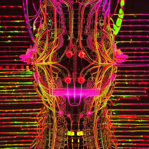 Prompt: a modular synthesier designed by giger with glowing leds and colorful cables, product photo, dark background