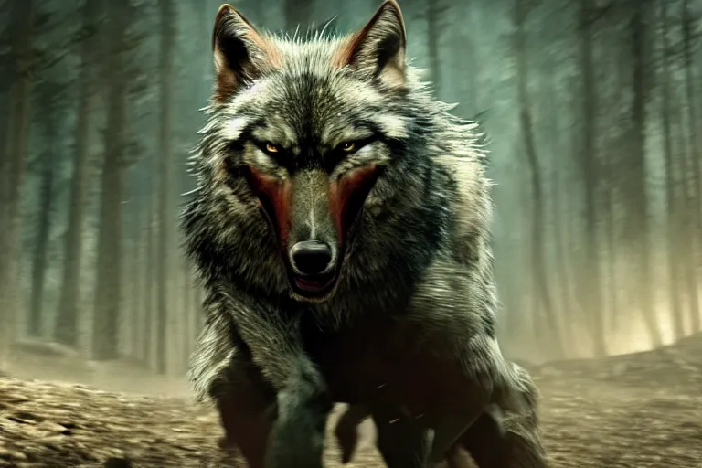 Image similar to still from a fantasy movie, a out of focus back of a man, facing a angry wolf, muted colors, action, 8 k, depth of field, cinematic, hyperrealistic, movie still frame, promotional image, imax 7 0 mm footage