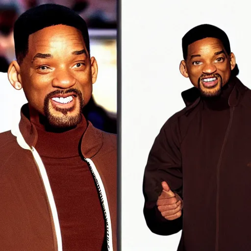 Image similar to will smith wearing running pants, a turtleneck, a zip up windbreaker, a brown coat and fingerless black gloves, photo, film grain