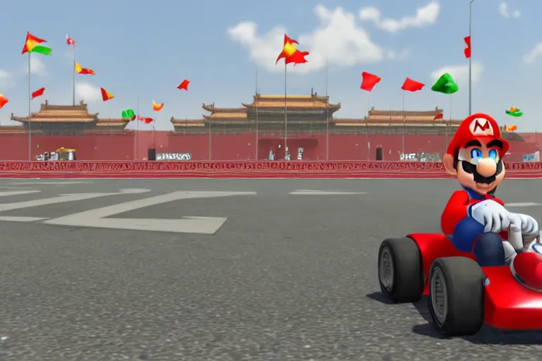 Image similar to mario kart in tiananmen square, ingame screenshot, highly detailed