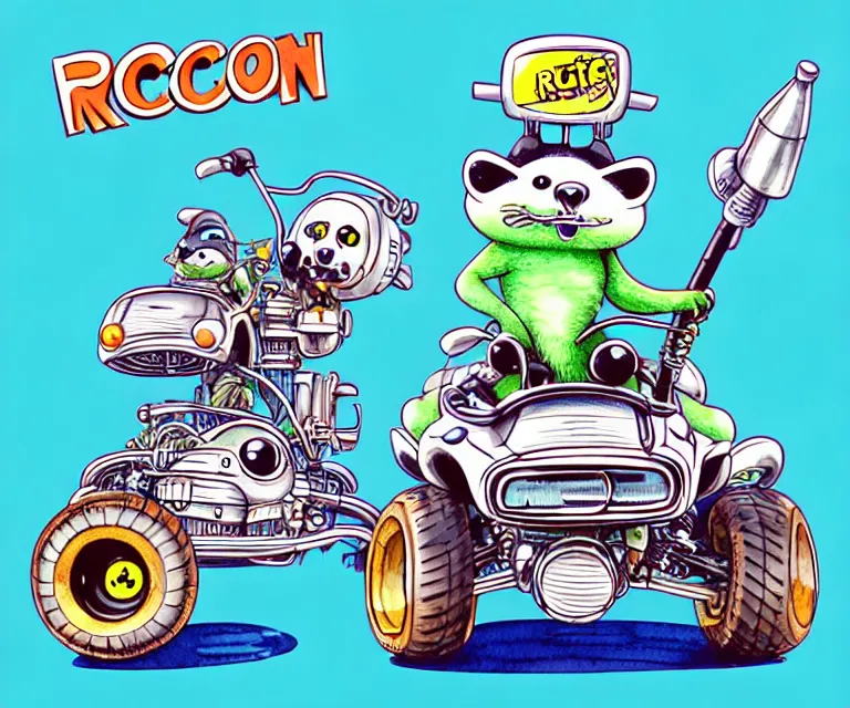 Image similar to cute and funny, racoon wearing a helmet riding in a tiny 4 wheeler with oversized engine, ratfink style by ed roth, centered award winning watercolor pen illustration, isometric illustration by chihiro iwasaki, edited by range murata, tiny details by artgerm, symmetrically centered