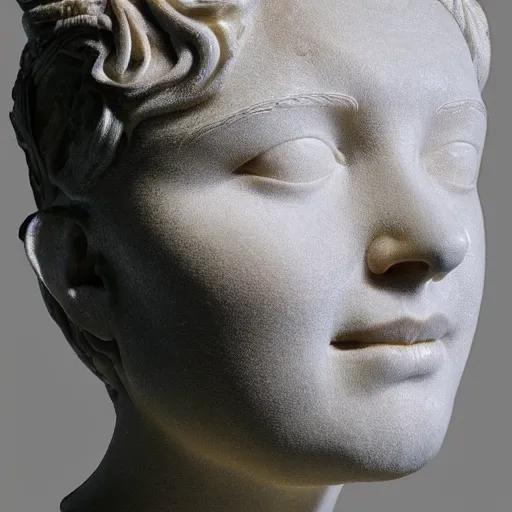 Image similar to lifelike, detailed marble bust of bjork's face, artifact from ancient greece