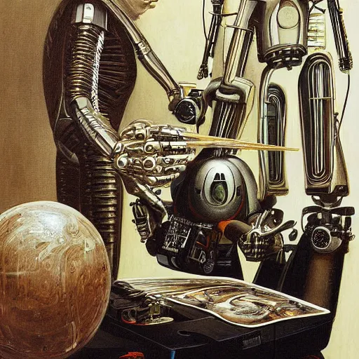 Image similar to robot artist artist painting a self portrait, by john howe, h. r. giger