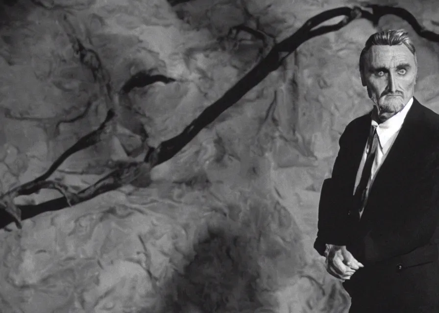Prompt: Film still of Dennis Hopper in Twin Peaks (1990), evil in the Black Lodge from Twin Peaks, eerie lynchian photography