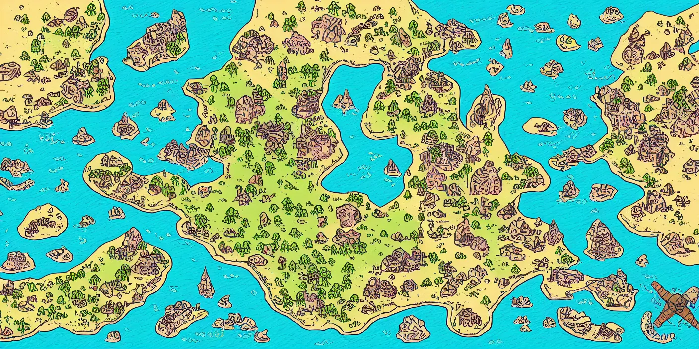 Image similar to a rpg map with continend in colored big regions surrounded by ocean detailed, flat colors and strokes