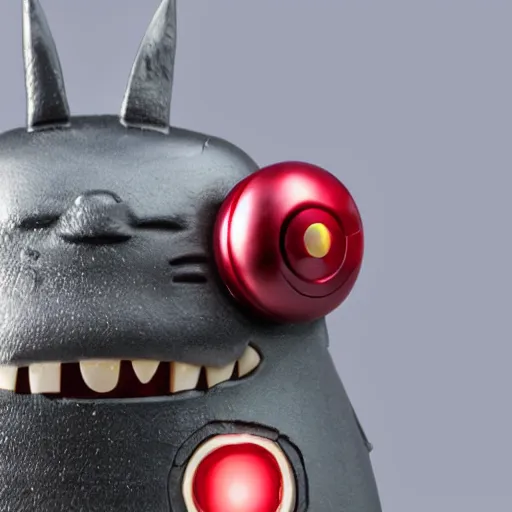 Prompt: Totoro as iron man, lit eyes product photo, studio lighting