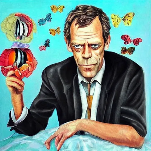 Image similar to hugh laurie made of whimsical dreams, surrealist painting, highly detailed