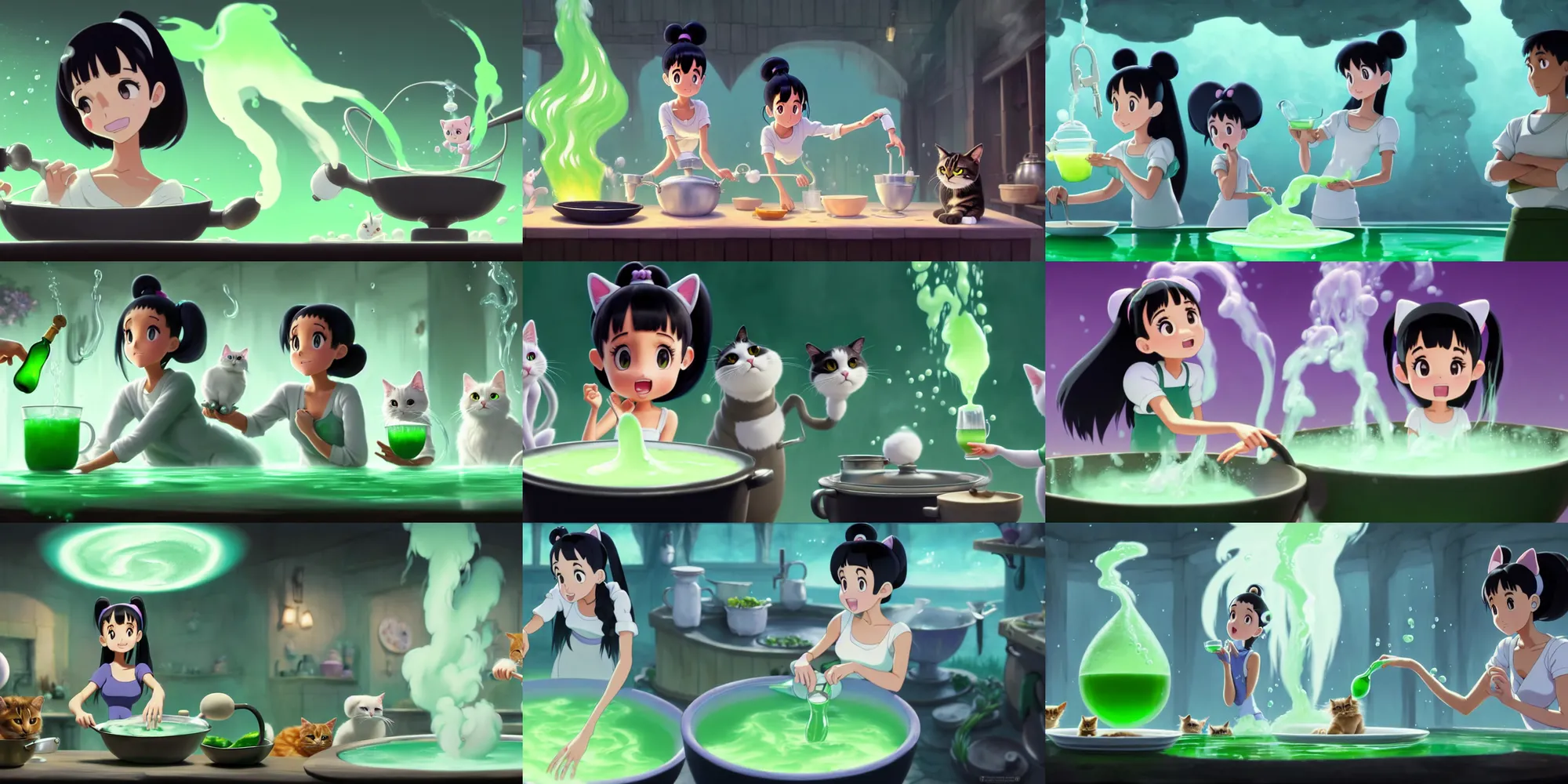 Prompt: a wholesome animation key shot of a ariana grande with black hair as a white cooking a magic potion in her cauldron of bubbling green liquid as her cats watch, medium shot, waist up, studio ghibli, pixar and disney animation, sharp, rendered in unreal engine 5, anime key art by greg rutkowski, bloom, dramatic lighting