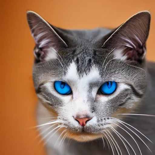 Image similar to a cat with a half white half gray nose with white whiskers and light blue eyes