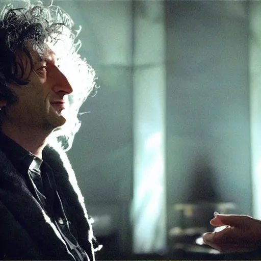 Prompt: a dramatic photograph of neil gaiman having a conversation with dream from the sandman in a fantasy world, dramatic lighting, filmic, cinematographic, sci - fi