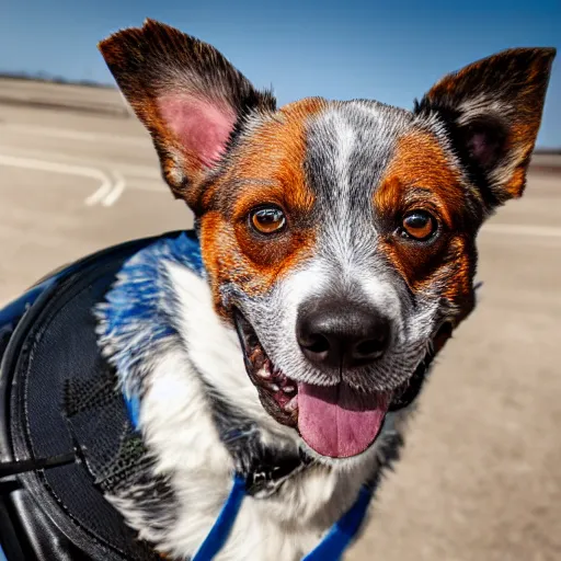 Image similar to blue heeler dog on a motorcycle, 8 k photography, blurred background of a wafflehouse