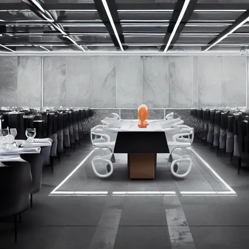 Image similar to three large white glossy kuka industrial robot arms on the floor around a dinner table, the kuka industrial robot arms are wearing bow ties, the table is full of food, they are having dinner inside a posh fine dining restaurant with retro modern furniture and decor, global illumination, artstation, fantasy, volumetric light