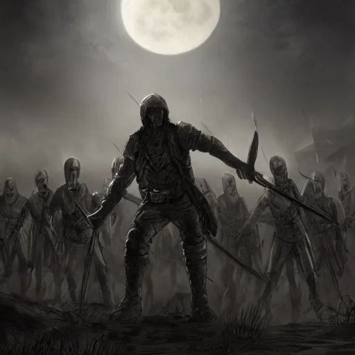 Prompt: hero holding a sword facing an army of the undead, scenic view, dark atmosphere, full moon, moonlight, dynamic lighting, pencil art