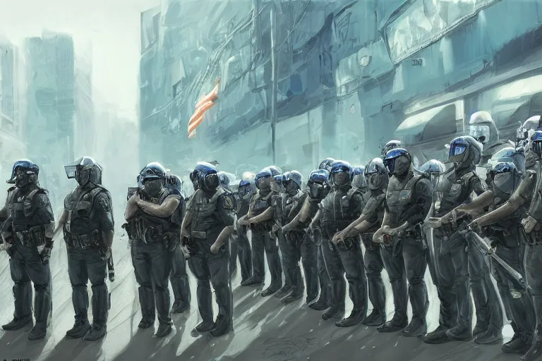 Image similar to police lined up, standing against the crowd of protesters with blank posters, concept art, intricate details, highly professionally detailed, cgsociety, highly detailed -