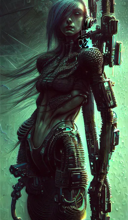 Image similar to a highly detailed long shot photo of cyberpunk female character by ayami kojima, elf, beksinski, giger, elf, rifle, intricate, digital painting, artstation, concept art, smooth, sharp focus, full body shot