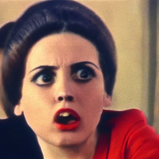 Prompt: still from a masterpiece 1 9 6 0 s french color art film, very beautiful and elegant girl with large eyebrows with an angry expression while talking to a man, moody lighting, viewed from afar, cinematic shot, they're dressed like communists, red palette