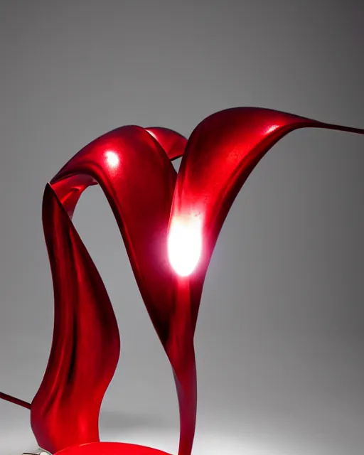 Image similar to sculptural table lamp designed by iris van herpen, red metal, advertising photography