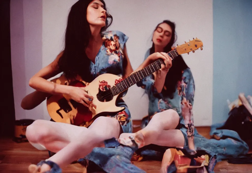Image similar to hyperreal beautiful women playing guitar in front of a broken flat tv, 3 5 mm, cinestill, depth of field in the style of bruce weber