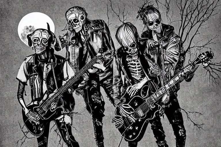 Prompt: skeleton punks with fingers of a goat in leather jackets play guitars and screams in the cemetery, punk concert, dark night, full moon, crows on the oak tree, highly detailed digital art, photorealistic