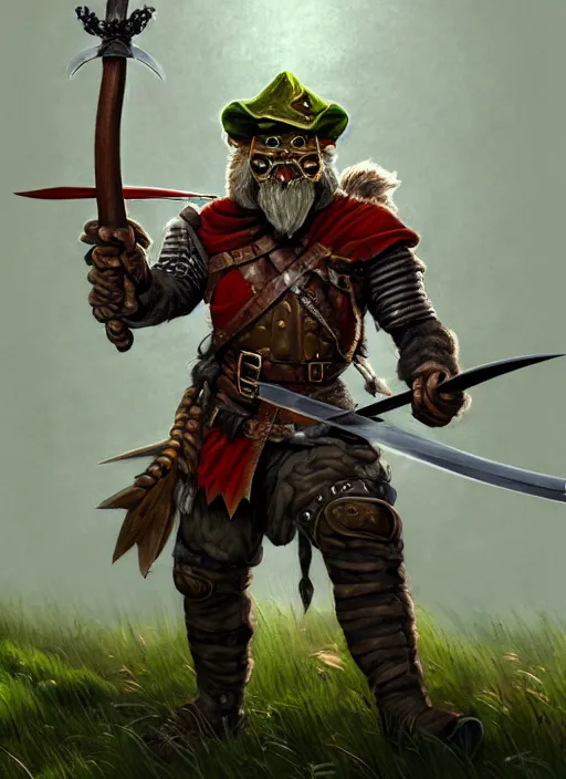 Image similar to strong young man, photorealistic bugbear ranger holding a flaming sword, black beard, dungeons and dragons, pathfinder, roleplaying game art, hunters gear, jeweled ornate leather and steel armour, concept art, character design on white background, by alan lee, norman rockwell, makoto shinkai, kim jung giu, poster art, colours red and green