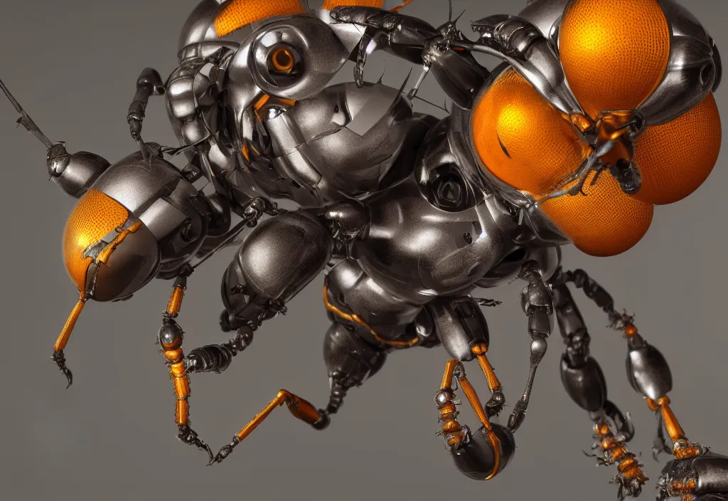 Image similar to a macro closeup of robotic wasp. photorealistic. octane render. highly detailed.