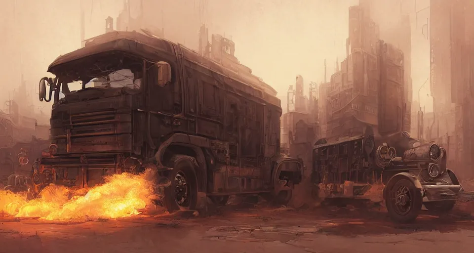 Prompt: a highly detailed epic cinematic concept art CG render digital painting artwork scene: retrofuturistic 1920s cyberpunk steampunk soviet truck inspired by a locomotive emitting smoke. By Greg Rutkowski, Ilya Kuvshinov, WLOP, Stanley Artgerm Lau, Ruan Jia and Fenghua Zhong, trending on ArtStation, made in Maya, Blender and Photoshop, octane render, excellent composition, cinematic dystopian brutalist atmosphere, dynamic dramatic cinematic lighting, aesthetic, very inspirational, arthouse