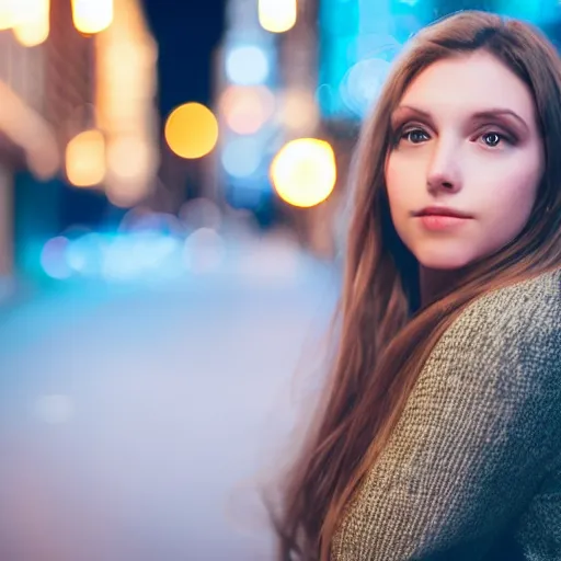 Image similar to photograph of a beautiful young woman in a city at night with bokeh, lens flare, out of focus light sources