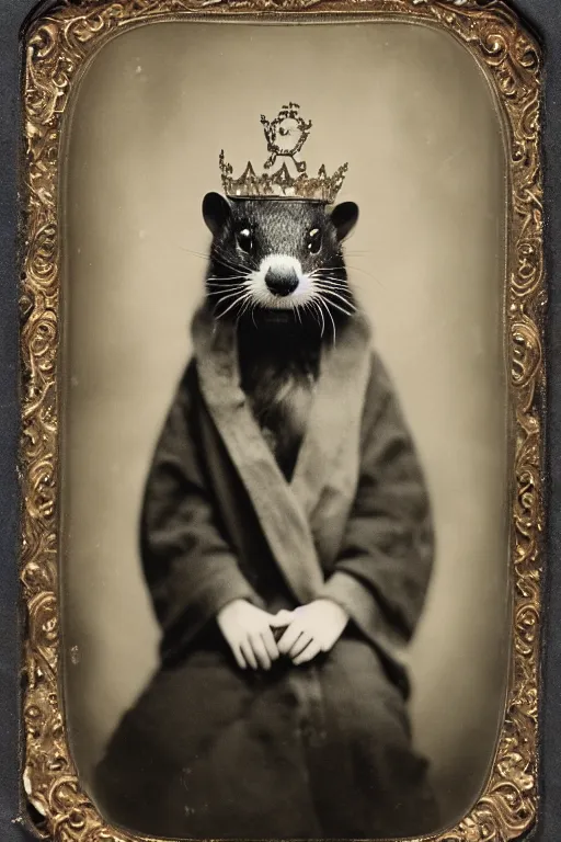 Prompt: a magnificent wet plate photo of a ferret king, wearing a crown, wearing a robe