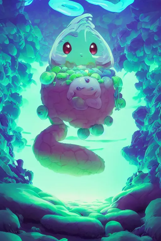 Image similar to smurf ghost creature animal sushi cristal very big eye roots cactus elemental flush of force nature micro world fluo fishscale, behance hd by jesper ejsing, by rhads, makoto shinkai and lois van baarle, ilya kuvshinov, rossdraws radiating a glowing aura global illumination ray tracing hdr